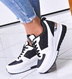 Biało czarne trampki sneakersy na niskim koturnie wielokolorowe