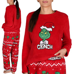 Grinch Świąteczna, czerwona,dwuczęściowa piżama damska, POLAROWA CIEPŁA piżamka