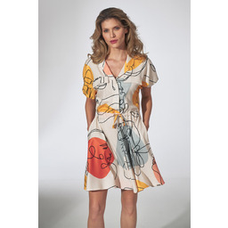 Kimonowa SUKIENKA z kołnierzykiem z kieszeniami wiązanie Wzorzysta