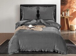 Pościel Gruba Mikrofibra Welurowa Z Falbaną 160x200cm Szara