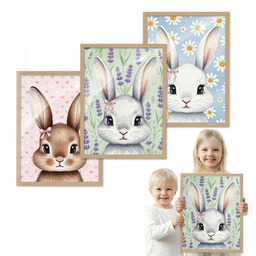 Zestaw 3 obrazów Portrety Zajączków drewniana ramka 40x50