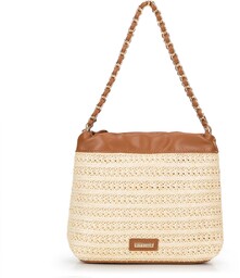 Pleciona torebka crossbody z łańcuszkami beżowo - brązowa