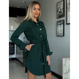 Sukienka Koszulowa Szmizjerka Marina Elegancka z Paskiem Butelkowa