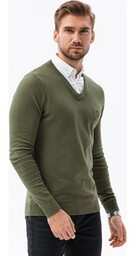 Sweter męski z białym kołnierzykiem - oliwkowy V5