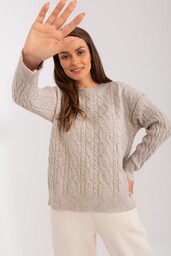 Jasnobeżowy melanżowy klasyczny sweter z warkoczami