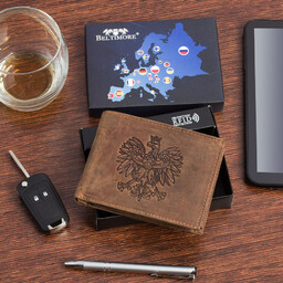 Portfel skórzany męski brązowy nubuk poziomy skóra Godło