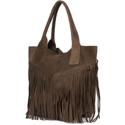 Ciemno brązowa Torebka damska skórzana zamszowa A4 frędzel