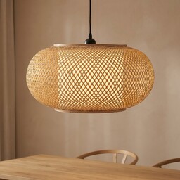 Lampa Wisząca Lindby, Romaine, ściemnialny, drewniany, salon, bambus,