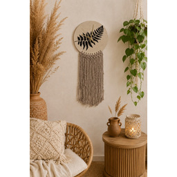 Pakamera Ceramiczny zegar ścienny z makramą handmade paproć