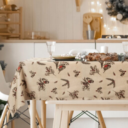 Obrus bożonarodzeniowy beżowo-brązowy zdobiony zimowym nadrukiem OSB-192-1