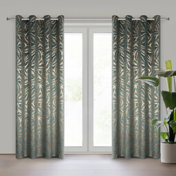 Zasłona welwetowa miętowa z błyszczącym nadrukiem liści ZKOP-01