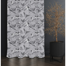 Zasłona z nadrukiem szare magnolie i kolibry ZMD-235