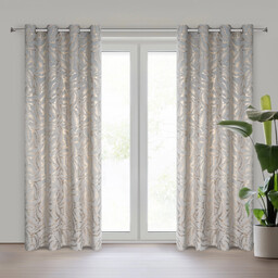 Zasłona welwetowa szara z błyszczącym nadrukiem liści ZKOP-04