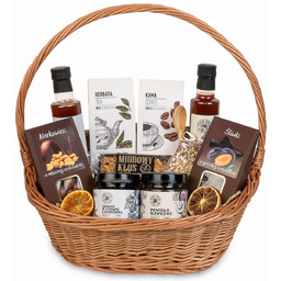 Kosz prezentowy wiklinowy zestaw z herbatą i kawą