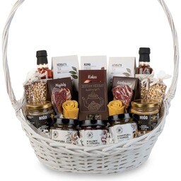 Duży kosz prezentowy biały zestaw herbat kwitnących słodycze