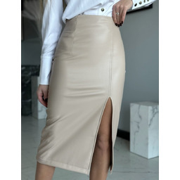 Spódnica Ekoskóra MIDI Rozcięcie Wysoki Stan Ołówkowa Beżowa