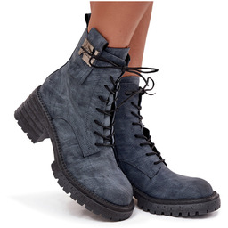 Skórzane Botki Workery Damskie Na Klocku Z Ozdobnym