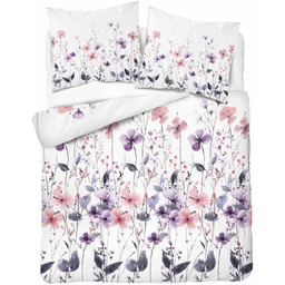 Pościel bawełniana biała w fioletowe i różowe kaczeńce