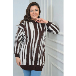 SWETER DAMSKI BRĄZOWO-BIAŁY W PASKI Z GUZIKAMI DŁUGI