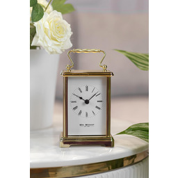 ZEGAR STOJĄCY metalowy złoty z rączką i białą