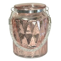 Szklany świecznik różowy z uchwytem wypełnionym kryształkami wys.