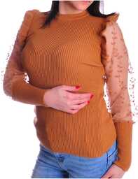 Karmelowa bluzka z koronkowymi rękawami