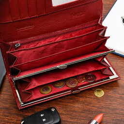 Portfel skórzany damski lakierowany duży na bigiel czerwony