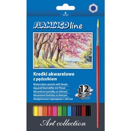 Kredki akwarelowe 12 kolorów z pędzelkiem Flamingo Line