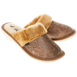 Wsuwane skórzane damskie kapcie ocieplane wełną pw204