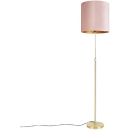 Lampa stojąca złota / mosiężna z różowym aksamitnym
