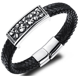 Bransoletka Czarna Skóra Naturalna Motyw Czaszki