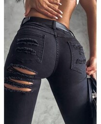 Spodnie Czarne Jeans z Dziurami - 34