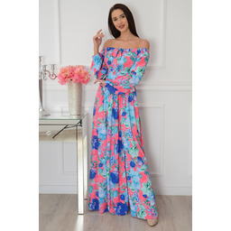 Sukienka maxi hiszpanka w niebieskie kwiaty róż Alisa