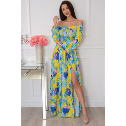 Sukienka maxi hiszpanka w niebieskie kwiaty cytryna Alisa