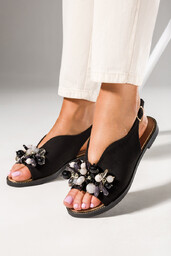 Czarne sandały z koralikami damskie na ozdobnej płaskiej
