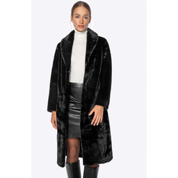 Długi damski płaszcz ze sztucznego futra czarny