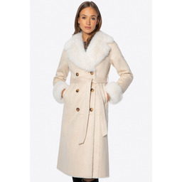 Dwurzędowy damski płaszcz z futrzanym kołnierzem kremowy