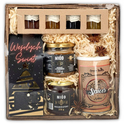 Świąteczny kosz prezentowy z konfitrkami;miodami;herbata świąteczna i mieszanka