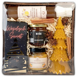 Świąteczny kosz prezentowy z choinką z wosku pszczelego;zestaw