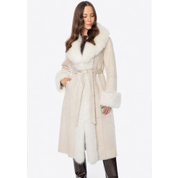 Płaszcz damski z obszyciem ze sztucznego futra kremowy