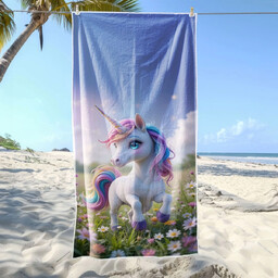Ręcznik plażowy kolorowy w jednorożca na kwiecistej łące