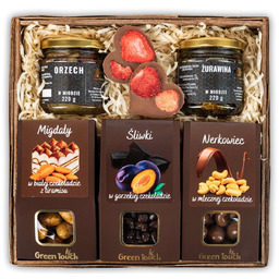 Kosz prezentowy zestaw słodyczy;bakalie w czkoladzie;miody i czekolada