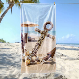 Ręcznik plażowy beżowy w kotwicę i muszelki