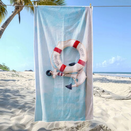 Ręcznik plażowy niebieski w kotwicę i koło ratunkowe