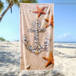 Ręcznik plażowy beżowy w kotwicę z muszelek RPG-257