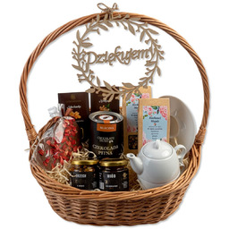 Wiklinowy kosz prezentowy;podziękowania dla rodziców;personalizowany z herbatą