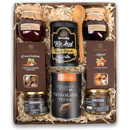 Duży kosz prezentowy gourmet;herbata;czekolada pitna;zestaw bakalii w czekoladzie;miodów