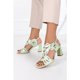 Pistacjowe sandały skórzane ażurowe na słupku PRODUKT POLSKI