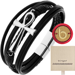 Bransoletka męska SKÓRZANA pleciona KRZYŻ EGIPSKI