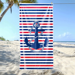 Ręcznik plażowy biały w niebieskie i czerwone pasy